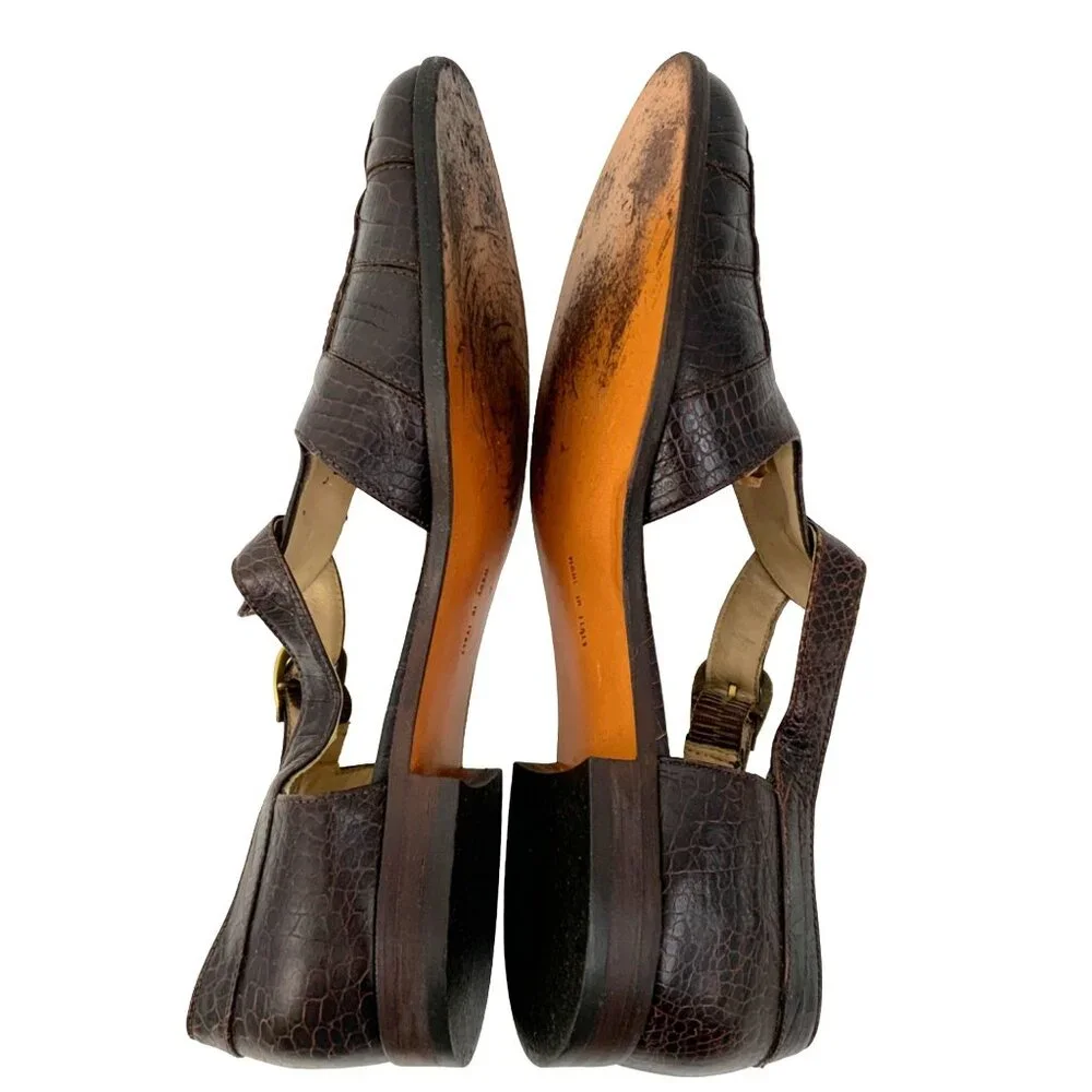 VTG Ferragamo 7B Crocodile Leather T-strap Buckle Shoes Flat Brown Italy 7965 - Picture 11 of 15